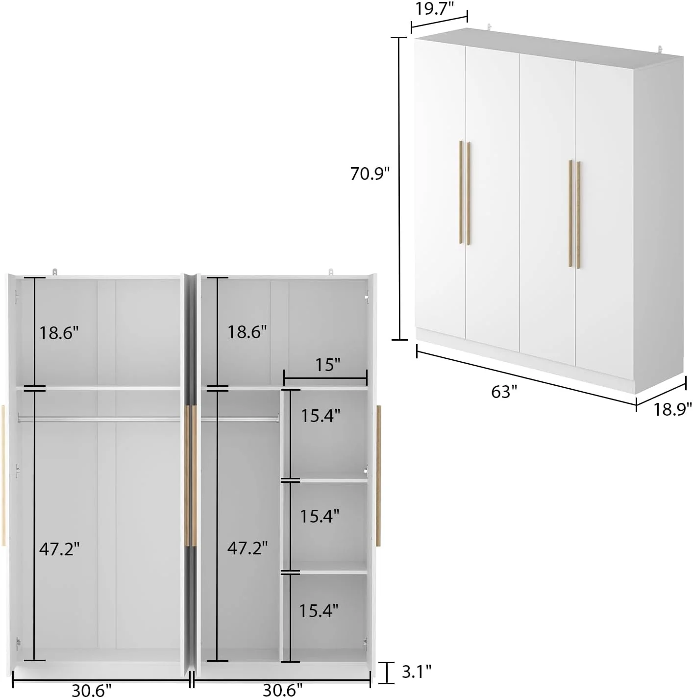 Large Wardrobe Armoire Closet with 4 Doors, Freestanding Wardrobe Cabinet for Hanging Clothes, Bedroom Armoire Dresser Wardrobe Clothes Organizer, 4-Door White (63" W x 19.7" D x 70.9" H)