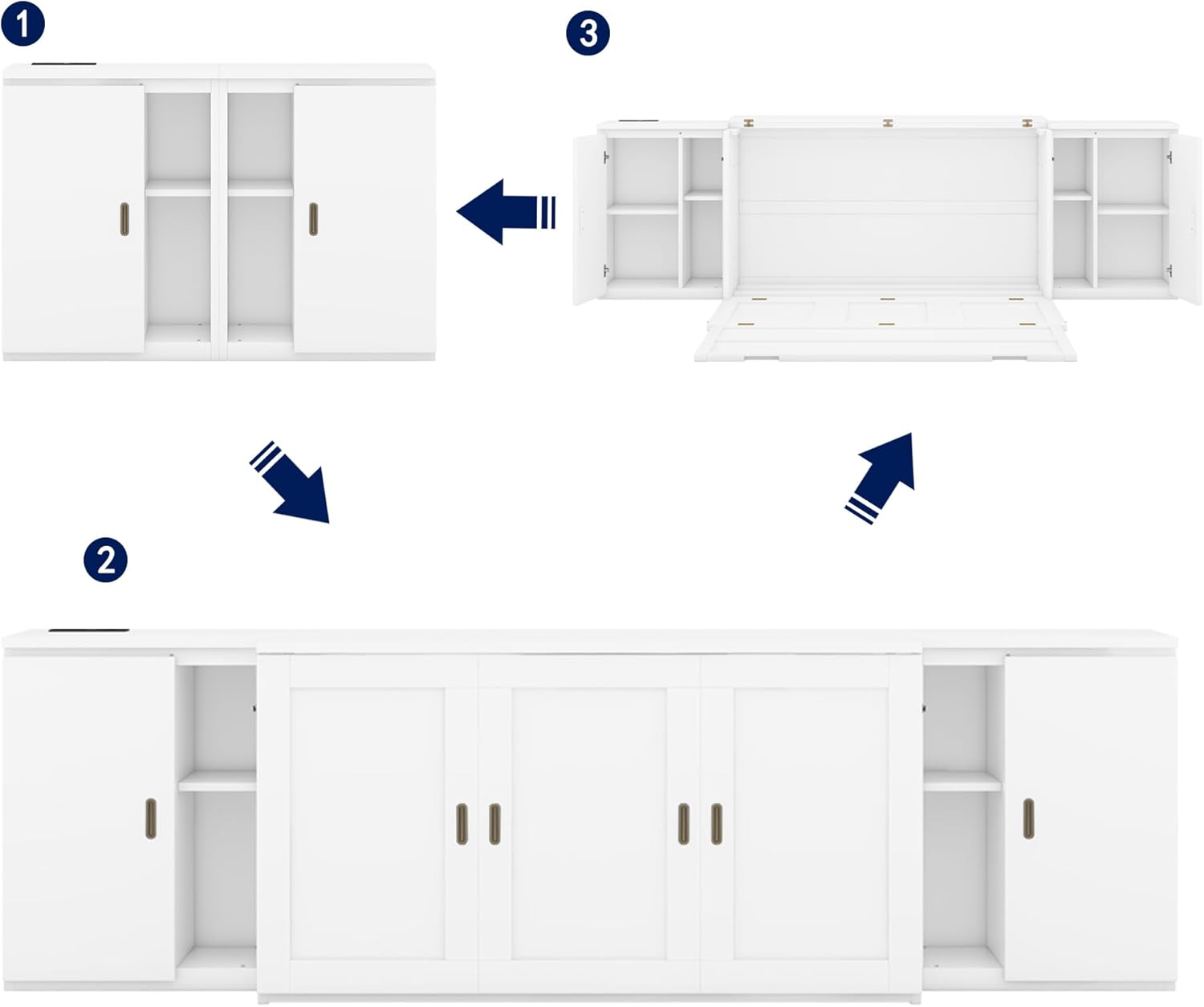 Queen Size Murphy Bed with Shelves and Cabinets,Murphy Wall Bed Queen with USB Ports,Queen Murphy Bed Cabinet for Kids,Boys,Girls,Adults,Bedrooms, Children's Rooms, Space Saving,White