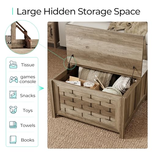 LINSY HOME Farmhouse Coffee Table, 31.5" Square Center Table with Large Hidden Storage, Rustic Cocktail Table with Hinged Lift Top for Living Room, Light Brown