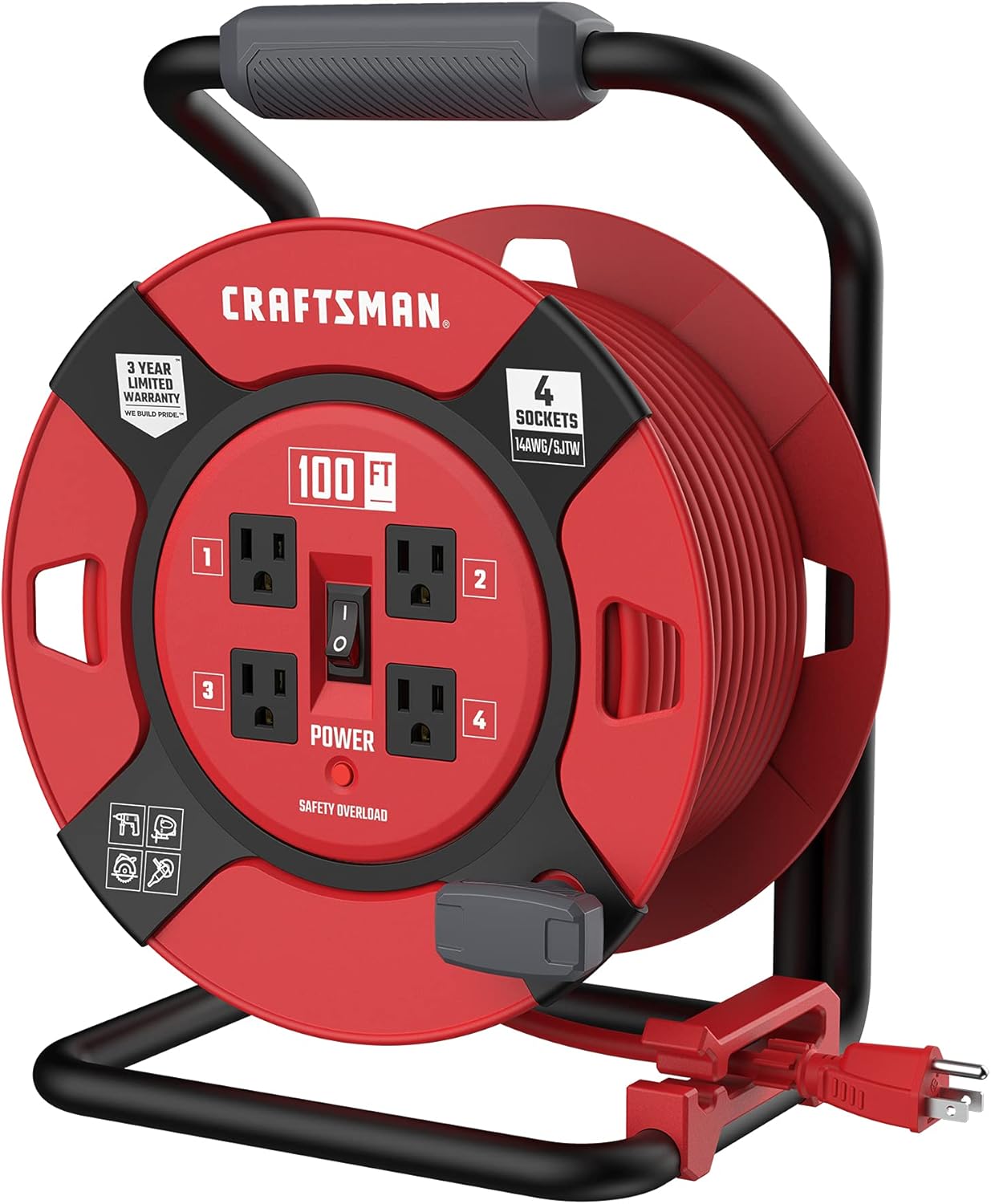 CRAFTSMAN Heavy Duty Retractable Extension Cord, 100 feet with 4 Outlets - 14AWG SJTW Cable - Outdoor Power Cord Reel