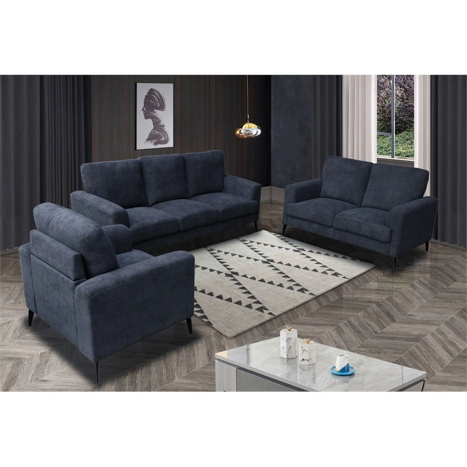 Pemberly Row Black Chenille Sofa Loveseat Chair Living Room Set