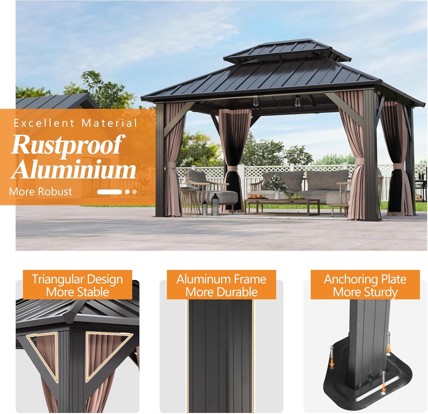 10x12FT Outdoor Hardtop Gazebo with Double Roof - Heavy-Duty Galvanized Steel Top Aluminum Frame Gazebo with Breathable Netting & Privacy Curtain for Patio, Porch, Garden, Lawn, Deck, Backyard