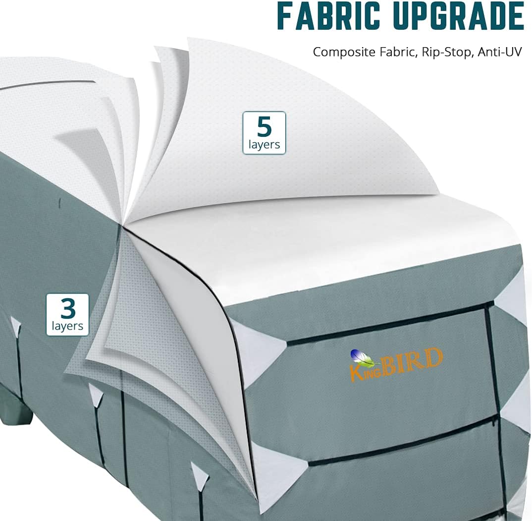 KING BIRD Upgraded Class A RV Cover, Extra-Thick 5 Layers Anti-UV Top Panel, Durable Camper Cover, Fits 30'- 33' Motorhome -Breathable, Watertight, Rip-Stop with 2Pcs Extra Straps & 4 Tire Covers