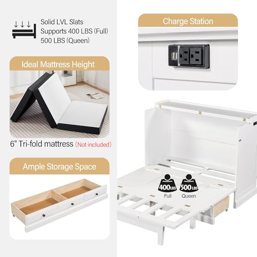 Harper & Bright Designs Queen Size Murphy Bed, Solid Pine Murphy Bed Frame Cabinet with Charging Station and Large Drawer, White
