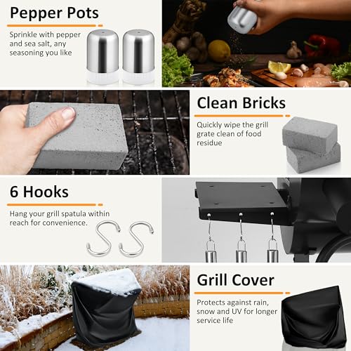 Charcoal Grill with Offset Smoker, Leonyo 13 Pcs Outdoor Charcoal Grill with Smoker, 445 Sq.in Barrel BBQ Grill with Cover & Chimney Starter, Barbecue Camping Charcoal Grills for Outdoor Backyard