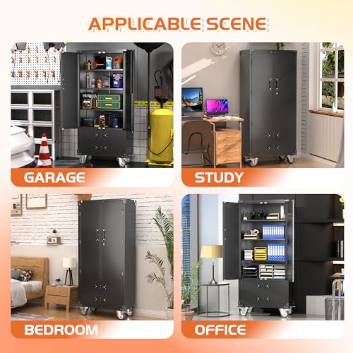 73" H Metal Storage Cabinet with Wheels, Garage Storage Cabinet with 4 Adjustable Shelves and Lockable Doors for Garage Home Office Utility Room,Required Assembly,Black
