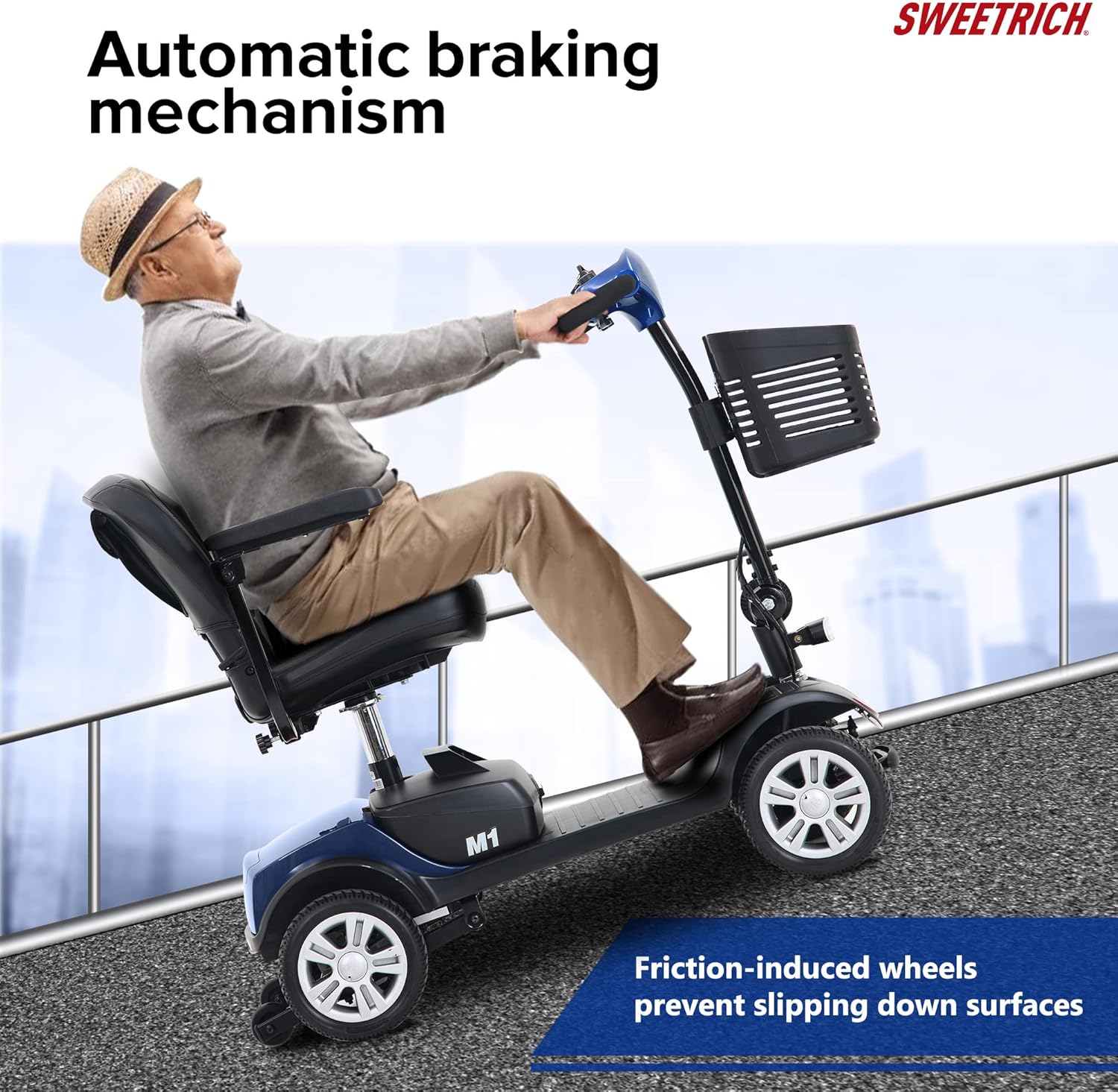 4-Wheel Compact Travel Electric Powered Mobility Scooter for Seniors and Adults 300 lbs Max Weight, Lightweight and foldable, with Large Capacity Lead-Acid Battery, Charger and Thick Leather Seat-Blue
