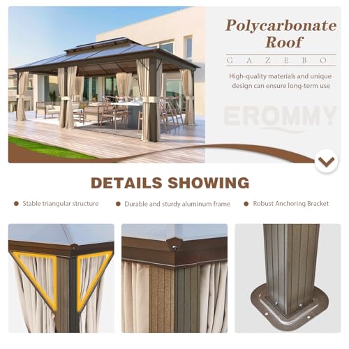 EROMMY 10' x 12' Hardtop Gazebo, Aluminum Frame Gazebos with Galvanized Steel Double Roof, Permanent Outdoor Metal Pavilion with Curtain and Netting for Patio, Lawn, Deck
