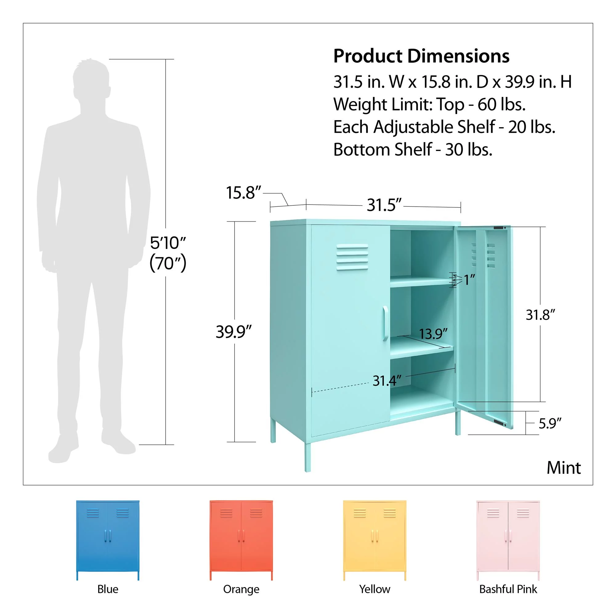 Novogratz Cache 2 Door Metal Locker Style Storage Accent Cabinet, Bashful Pink