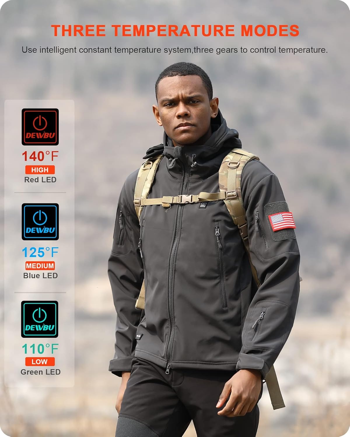 DEWBU Heated Jacket for Men with 12V Battery Pack Winter Outdoor Soft Shell Electric Heating Coat, Men's Grey, L