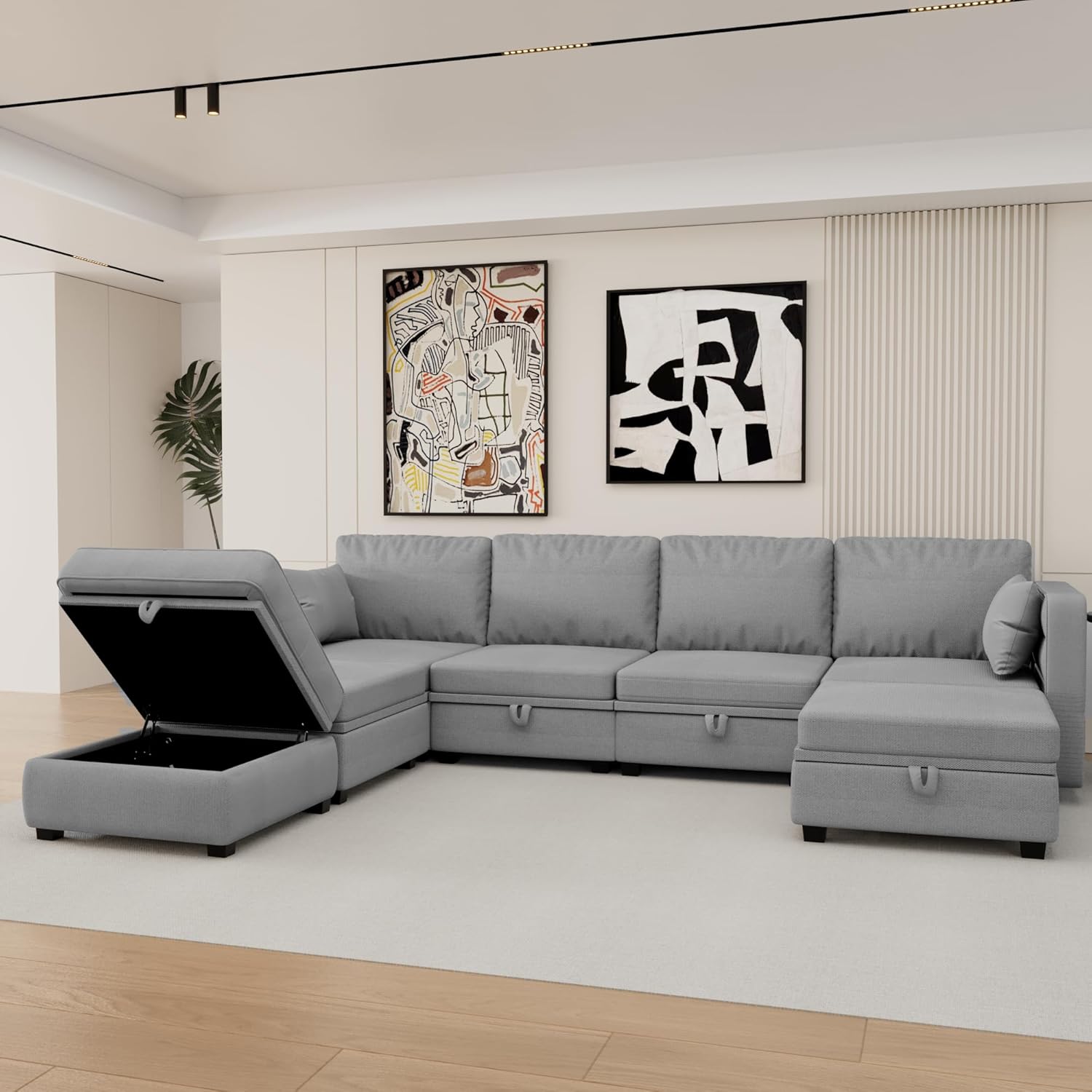 UBGO Living Room Furniture Set,U-Shape, 110" Extra Wide Reversible Chaise,Modular Sofa with Storage, Cozy Linen 6-seat Convertible Sectional Couch (Gray)