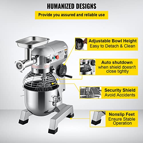 VEVOR Commercial Food Mixer, 8.5Qt Capacity, 450W Dual Rotating Dough Kneading Machine with Food-grade Stainless Steel Bowl, Security Shield & Timer Included, Baking Equipment for Restaurant Pizzeria