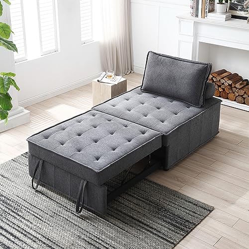Bellemave 3 in 1 Pulling Out Ottoman Sofa Bed,Multipurpose Faux Leather Folding Ottoman Sleeper Couch Lounger,Convertible Adjustable Sleeper Chair for Living Room Apartment Office（Dark Grey PU）