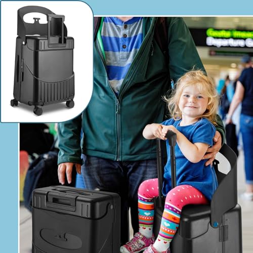 22 Inch Carry on Luggage with Seat for Kids Expandable Ride on Suitcase with Spinner Wheels and Locks for Travel (Black)