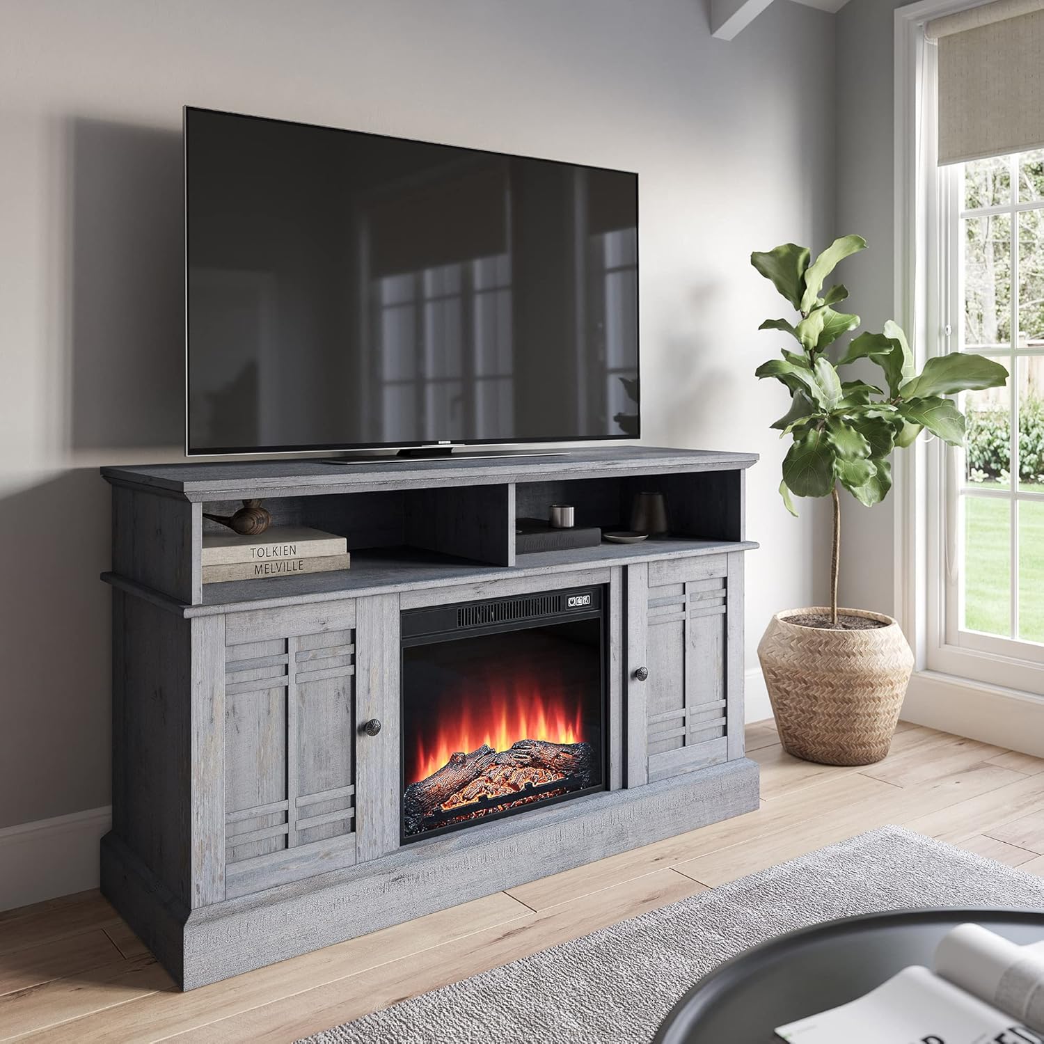 BELLEZE Modern Farmhouse Wood TV Stand & Media Entertainment Center Console Table for TVs up to 50 Inch with Open Storage Shelves & Cabinets – Norrell (Gray Wash)