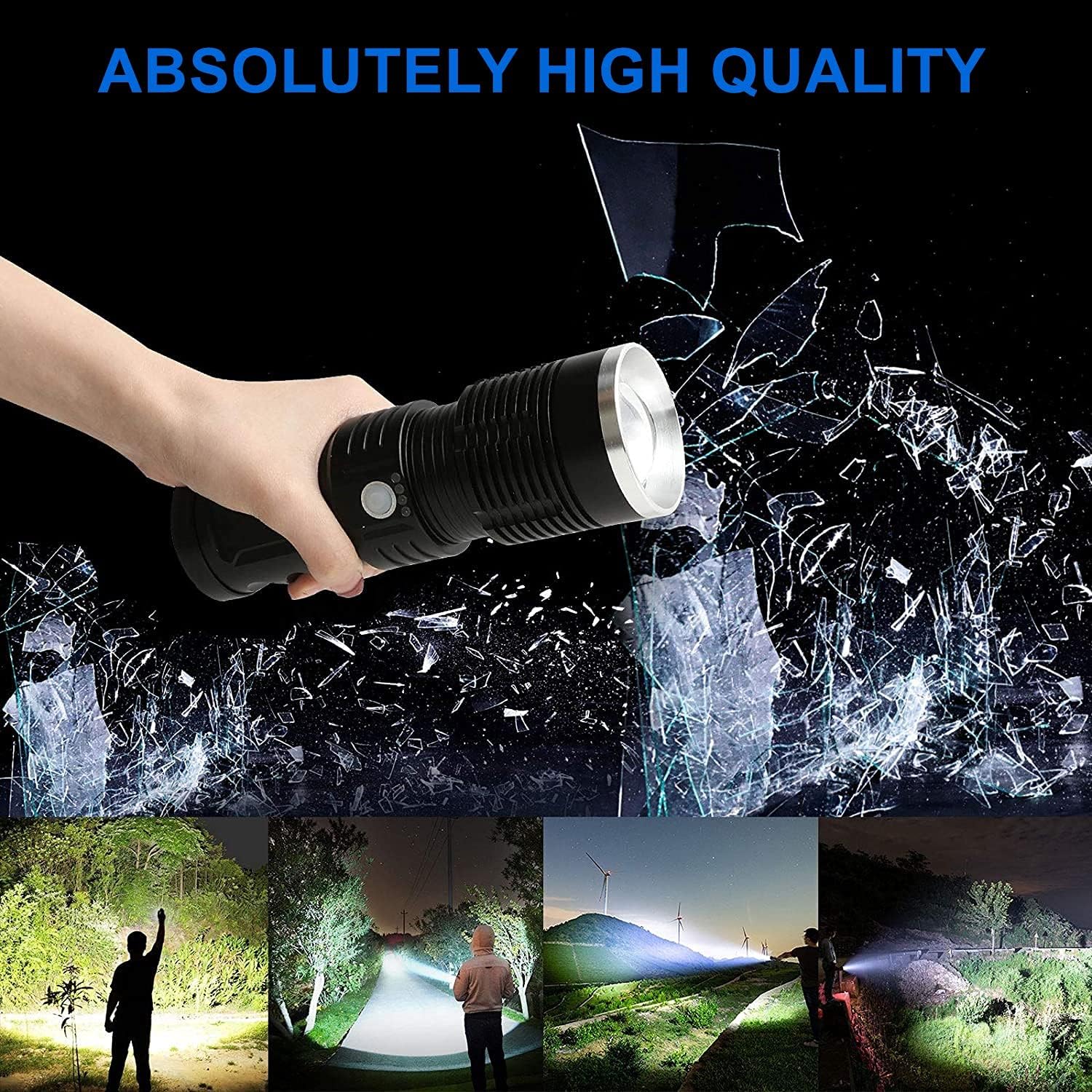 Led Flashlight, 100000 Lumen Super Bright Tactical Flashlights High Lumens with Battery & USB Cable, 3 Modes, Zoomable, Waterproof, Rechargeable Handheld Flashlight for Camping Emergencies