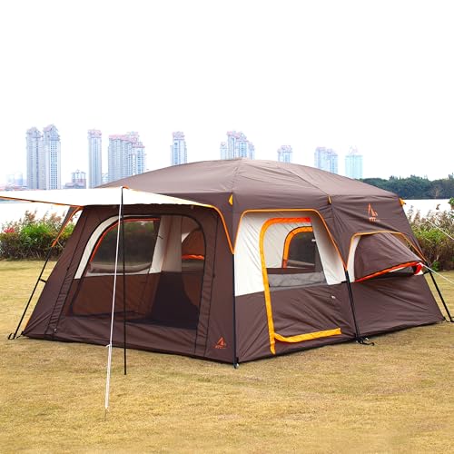 KTT Extra Large Tent 10-12-14 Person(Style-B),Family Cabin Tents,2 Rooms,3 Doors and 3 Windows with Mesh,Straight Wall,Waterproof,Double Layer,Big Tent for Outdoor,Picnic,Camping,Family Gathering