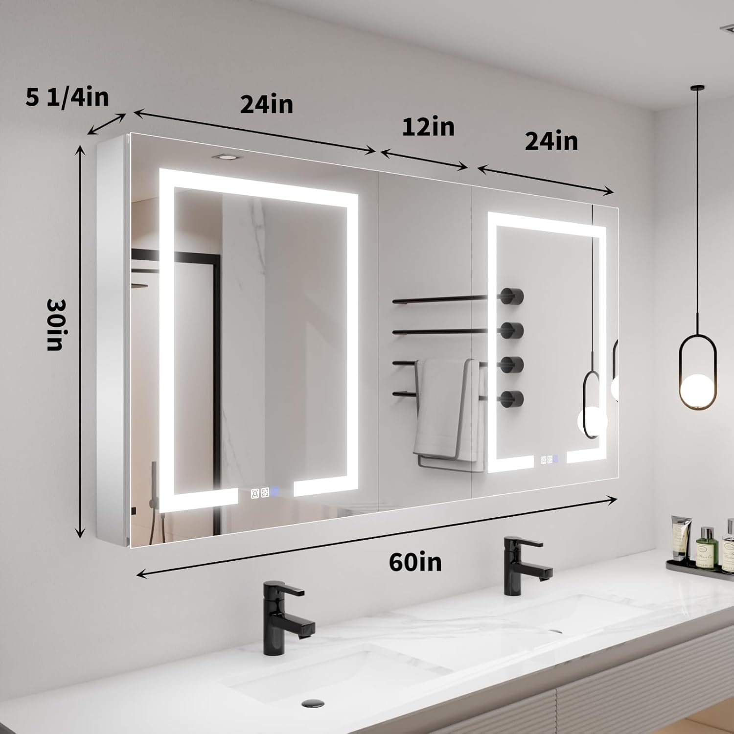 ExBrite LED Lighted Bathroom Medicine Cabinet with Mirror, 60 x 30 Inch, led Medicine Cabinet with Extra Closed Storage Cabinet,Defog, Stepless Dimming,Color Temper Change, 2 Outlets,Storage Shelves