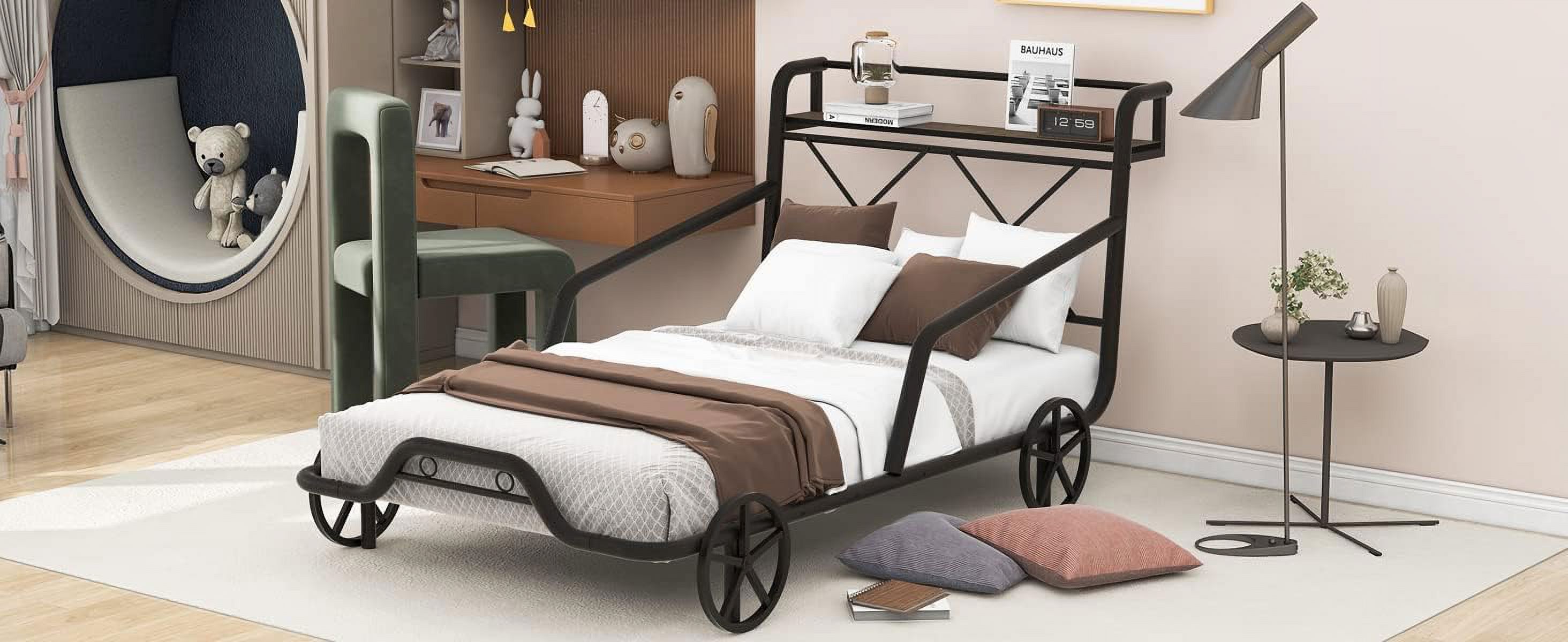 Size Metal Car Bed With Four Wheels For Boys Girls, Guardrails Ad X-Shaped Frame Shelf, Black