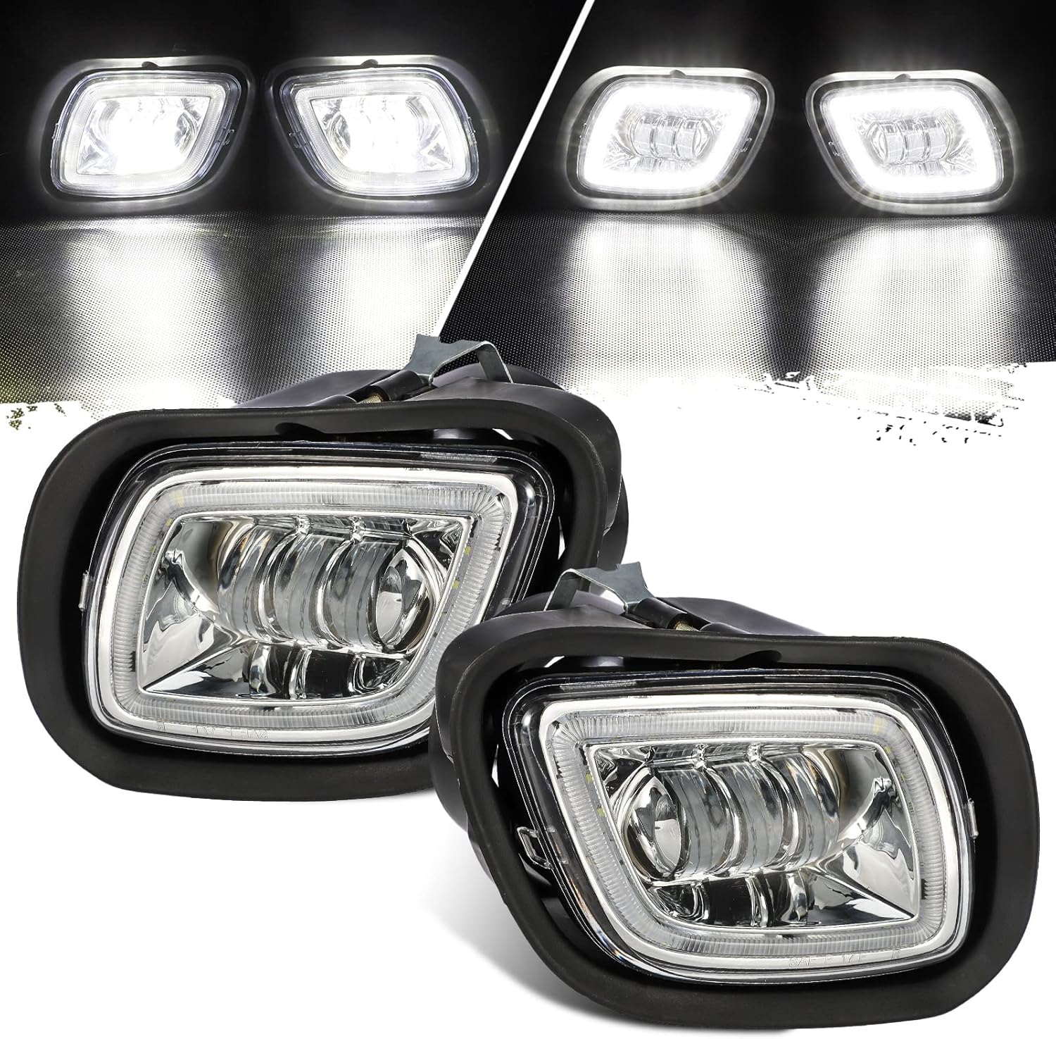 Partsam Pair Fog Lights Lamps with LED Halo Ring for Freightliner Cascadia 2008-2017 Clear Lens White Light/w Plug/12V