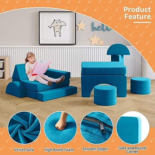 Modular Kids Play Couch13PCS, Modular Couch Kids with 2 ottomans, Fold Out Kids Couch for Playroom Bedroom, Modular Kids Couch for Boys and Girls, Kids Play Couch for Kids (Blueberry, L)