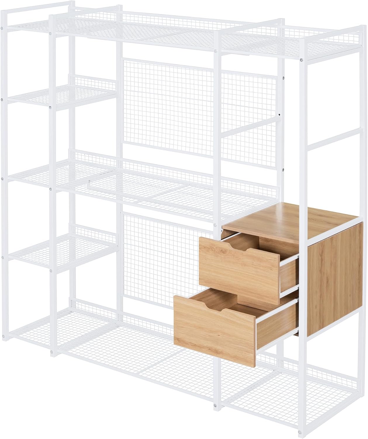 Open-Style Wardrobe with Hanging Rails, Shelves and 2 Drawers, Wardrobe Freestanding Closet Organizer, Industrial Wardrobe Clothes Rack, Metal Storage Wardrobe for Bedroom, Space-Saving