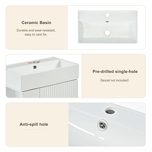 22" Small Bathroom Vanity with Sink, Bathroom Vanity Cabinet with Ceramic Vessel Sink Left Side Storage, Single Sink Vanity with Top, Freestanding Bathroom Sink and Cabinet Combo Set, White