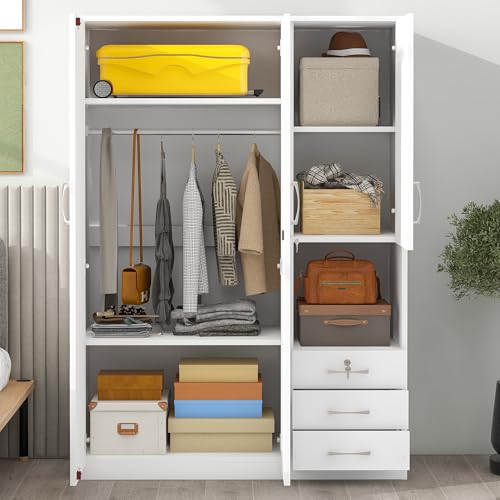 LZ LEISURE ZONE Wardrobe Closet Storage Cabinet with Lockable Doors, Large Wooden Armoire Wardrobe Closet with 3 Drawers, Hanging Rod and Shelves, Bedroom Armoires Wardrobe Clothes Organizer, White
