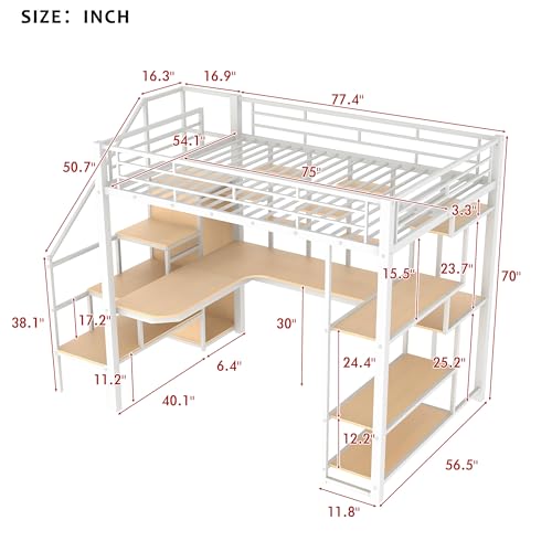 Full Size Metal Loft Bed with Storage Staircase and Small Wardrobe, Built-in Desk and Storage Shelves loft bed with desk and storage (Black)