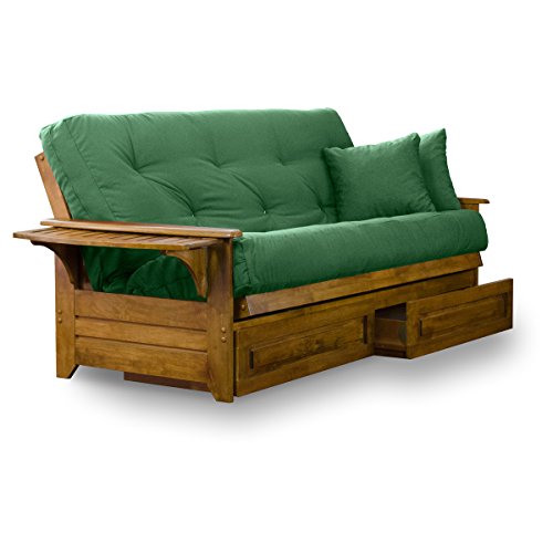 Nirvana Futons Brentwood Tray Arm Futon Frame, Drawers, and Burgundy Mattress Set - Queen, Rich Heritage Finish