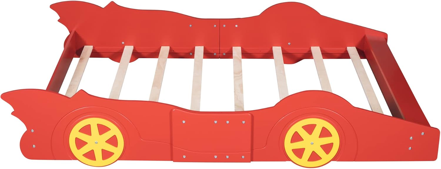 Full Size Race Car-Shaped Platform Bed with Wheels, Kids Car Bed, Wooden Car Shaped Platform Bed Frame for Kids Boys Girls Bedroom, No Box Spring Needed, Rails Design On Both Side, Full, Red