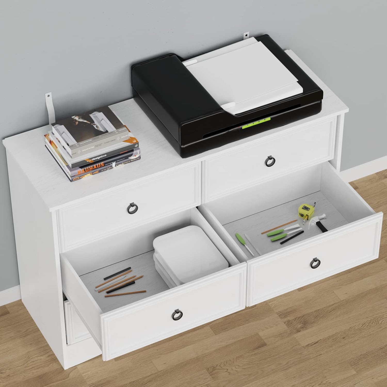 Modern 6 Drawer Dresser, Dressers for Bedroom, Large Chest of Drawers Closet Organizers and Storage Clothes - Easy Pull Handle, Textured Borders Living Room, Hallway, White