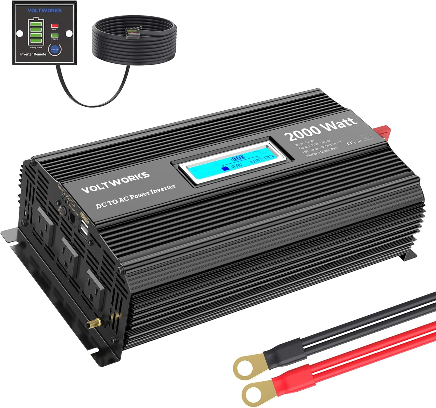 Power Inverter 2000w DC 12V to AC 120V Modified Sine Wave Inverter 2000 watt with LCD Display Remote Control and 3AC Outlets Dual 2.4A USB Ports for Car RV Truck Boat[3 Years Warranty] by VOLTWORKS