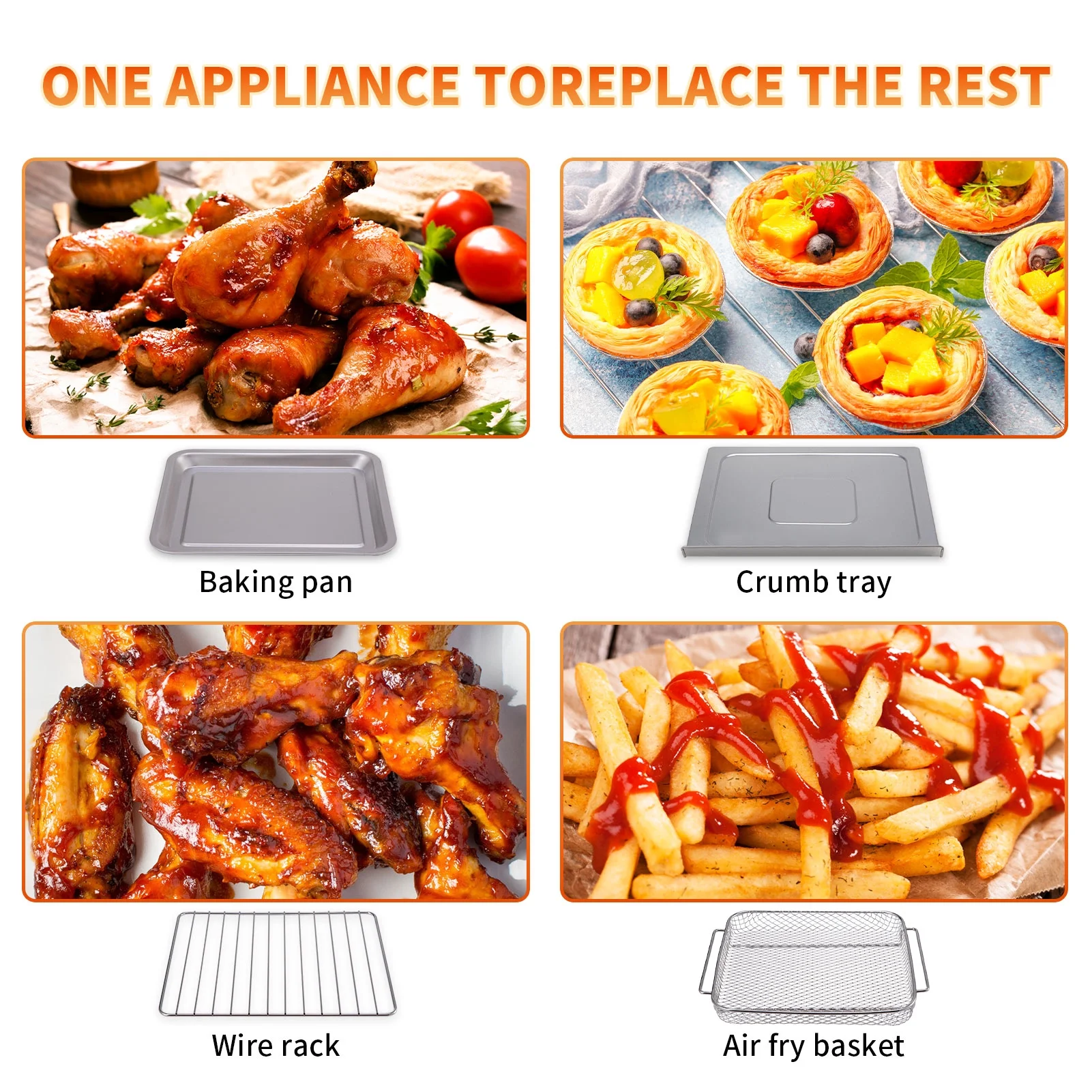 Geek Chef Air Fryer Toaster Oven Combo, 4 Slice Toaster Convection Air Fryer Oven Warm, Broil, Toast, Bake, Air Fry, Oil-Free, Accessories Included, Stainless Steel, Silver