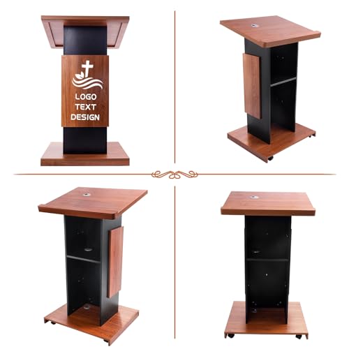 47’’ Wooden Podium Stand with Wheels, Portable Lectern Churches with 15 MM Particle Board, Pulpits Stand with Storage, Lockable Wheels, Mic Stand for Churches, Office, School