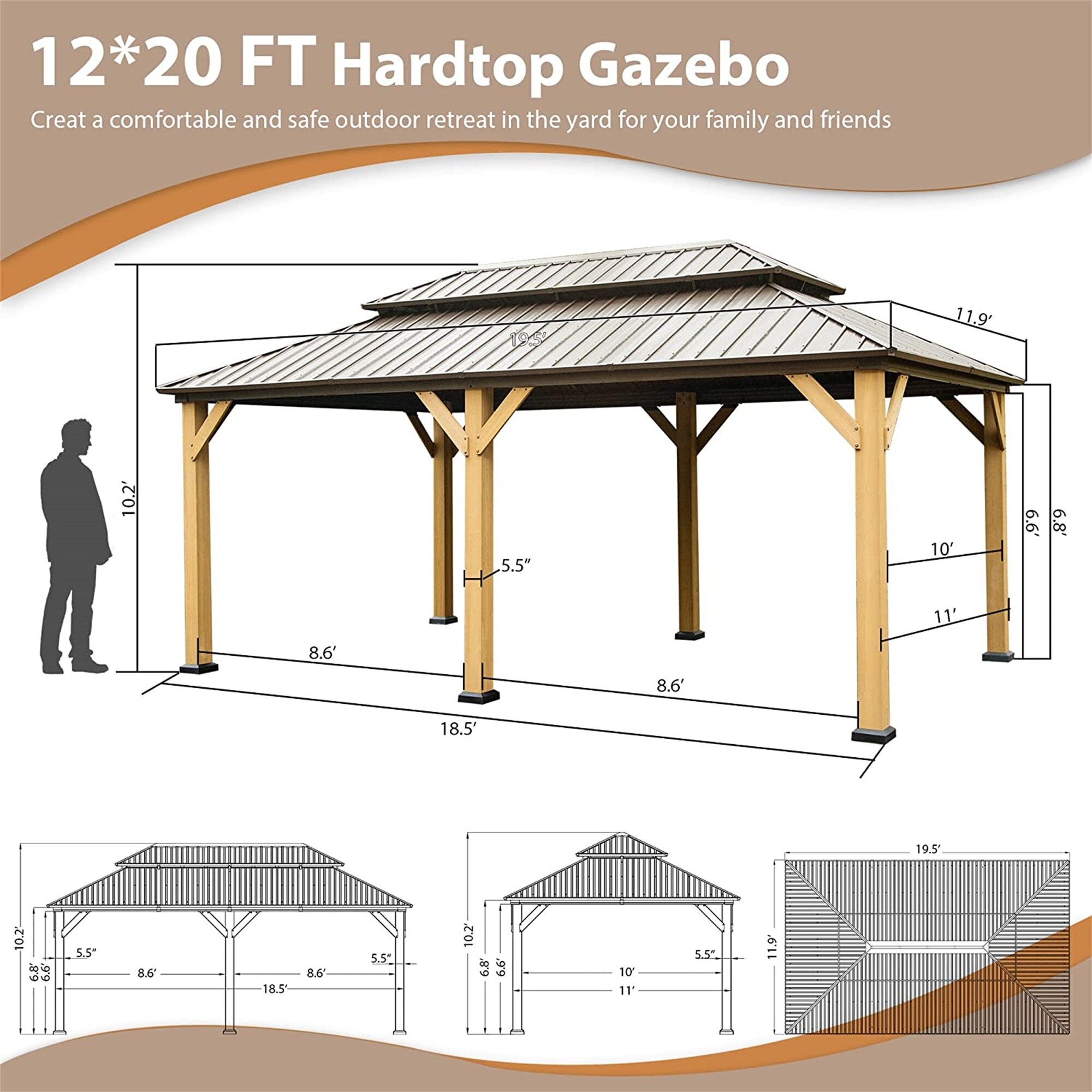 12'x20' Outdoor Permanent Cedar Wood Hardtop Gazebo Canopy with Galvanized Steel Double Roof, Curtains and Netting