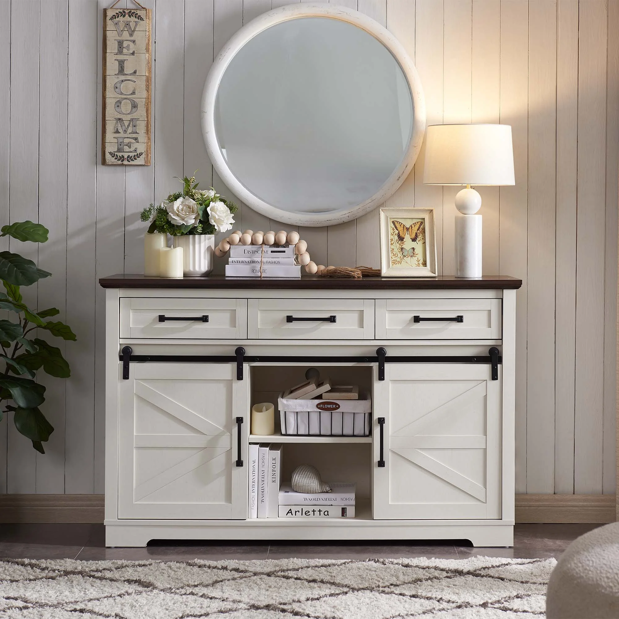SinCiDo Farmhouse Buffet Cabinet, 53” Sideboard Cabinet w/3 Drawer, Rustic Storage Cabinet w/Sliding Barn Door, Coffee Bar for Dinning Room, Kitchen, Hallway, and Living Room, White