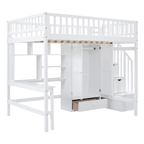 Full Size Loft Bed with Wardrobe Desk Storage Stairs, Wood Loft Bed Frame with Bookcase and Drawers, High Loft Bedframe for Kids Teens Adults, No Box Spring Needed, Espresso