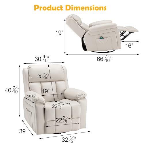 GYUTEI Massage Recliner Chair with Heated, 360 Degree Swivel Rocking Recliner Chair for Adults, Microfiber Cloth Lazy Boy Recliner with Side Storage Bag for Living Room, Bedroom, Nursery (Beige)