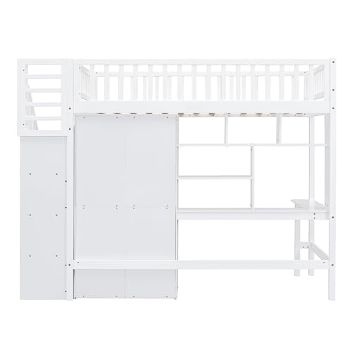 Full Size Loft Bed with Wardrobe Desk Storage Stairs, Wood Loft Bed Frame with Bookcase and Drawers, High Loft Bedframe for Kids Teens Adults, No Box Spring Needed, Espresso
