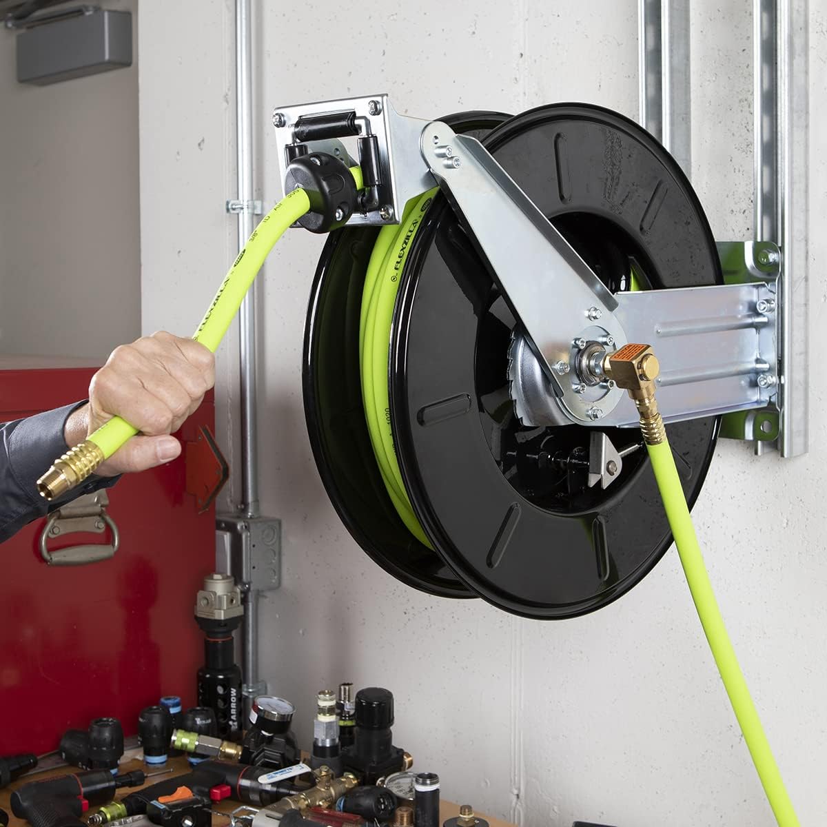 Flexzilla Pro Retractable Open Face Dual Arm Air Hose Reel, 3/8 in. x 50 ft., Heavy Duty, Lightweight, Hybrid, ZillaGreen - L8711FZ