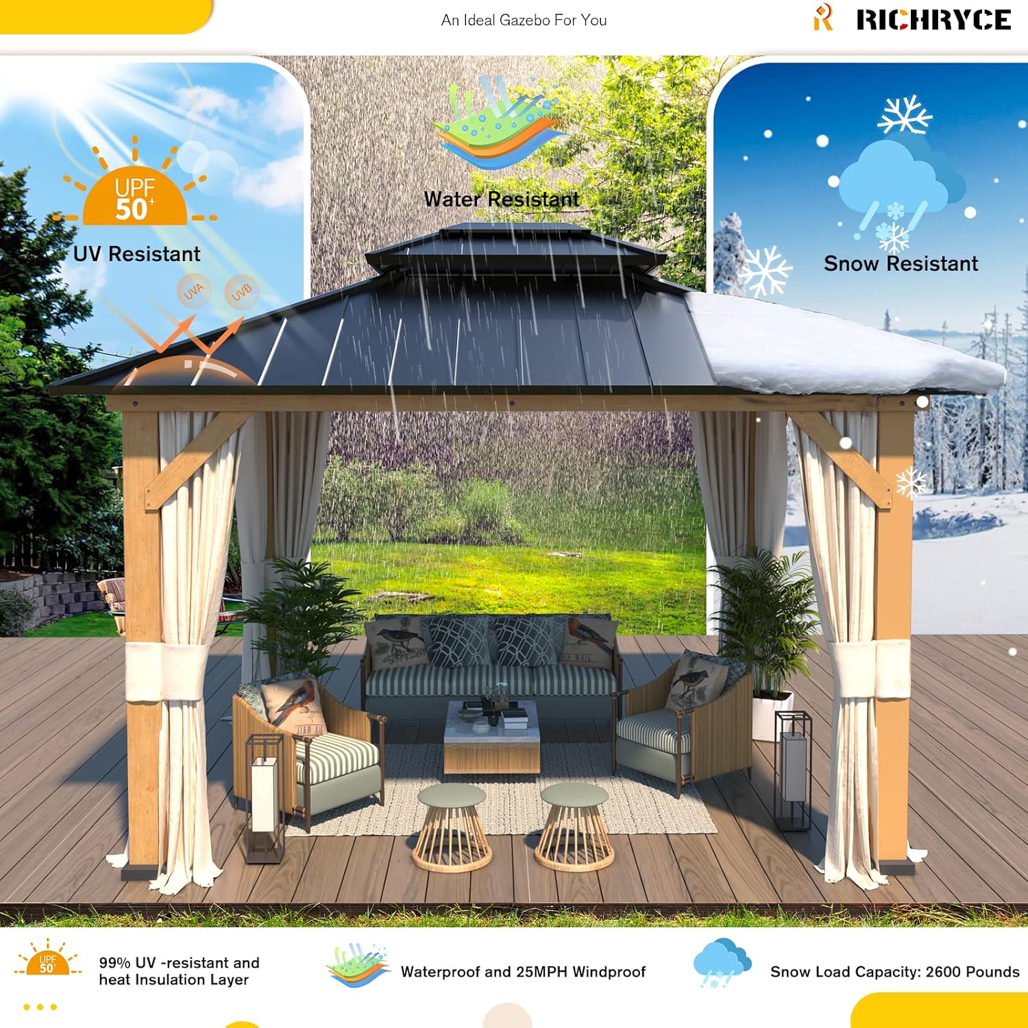 11' x 13' Solid Wood Gazebo, Hardtop Gazebo Plastic Sprayed Metal Roof Outdoor Gazebo Canopy Double Vented Roof Pergolas Wood Frame with Netting and Curtains for Garden, Patio, Lawns, Parties