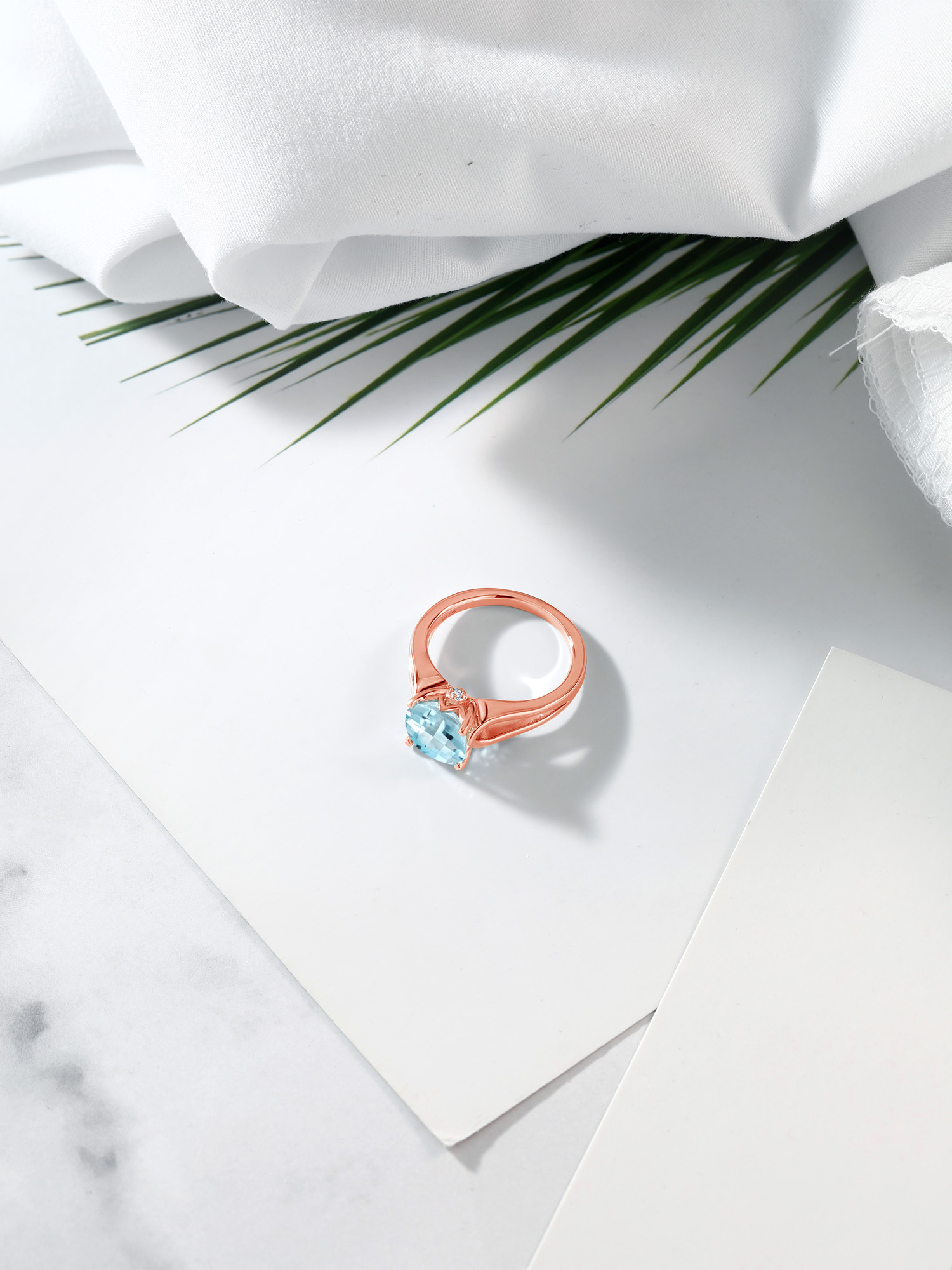 Gem Stone King 3.48 Ct Cushion Checkerboard Sky Blue Topaz G-H Lab Grown Diamond 18K Rose Gold Plated Silver Ring
