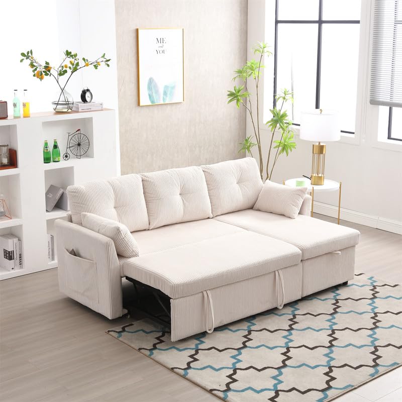 Couches for Living Room, Convertible Sectional Sofa Couch L Shaped Couch with Reversible Chaise & 2 Pillows, Built-in Side Pocket & Handle, 3-seat Modular Sectional Sofa for Small Space, Orange
