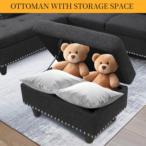 L Shaped Sectional Couch with Recliner, Modern Sleeper Sofa with Movable Storage Ottoman, Stylish Living Room Furniture Set with 2 Cup Holders and 2 Pillows for Home, Charcoal Grey