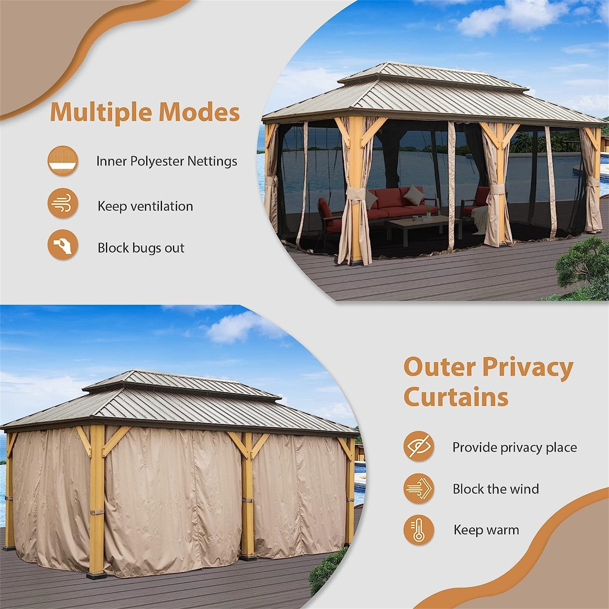 12'x20' Outdoor Permanent Cedar Wood Hardtop Gazebo Canopy with Galvanized Steel Double Roof, Curtains and Netting