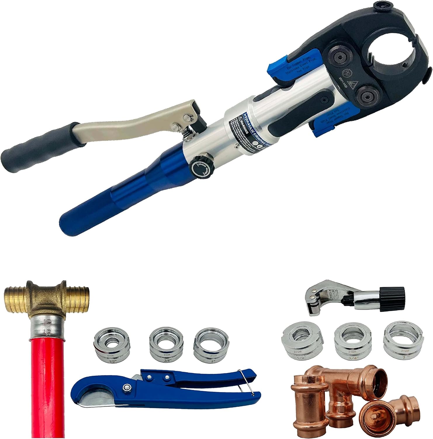 IBOSAD Copper Tube Fittings Hydraulic Pipe Crimping Tool with 1/2 inch,3/4 inch and 1 inch Jaw Copper Pipe Propress Crimpers Pressing Pliers,Suit for Narrow Space and Tee Fitting，Hydraulic drive