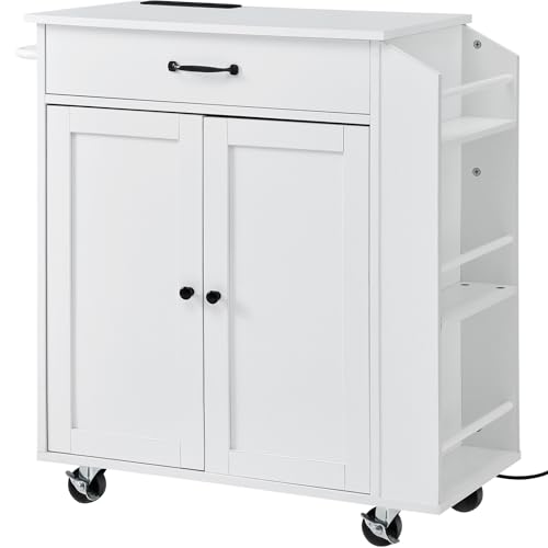 VEVOR Kitchen Island Cart with Solid Wood Top, 35.4" Width Mobile Carts with Storage Cabinet, Rolling Kitchen Table with Spice Rack, Towel Rack, and Drawer, Portable Islands on Wheels, White
