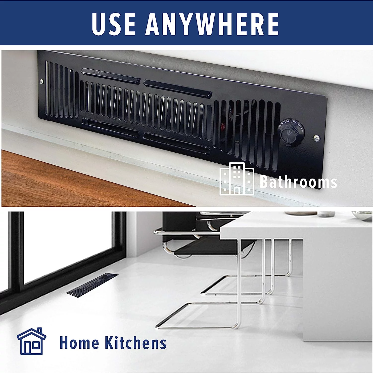 Quiet Toe Kick Heater Qmark Qts1500t, Instant Heat 120 Volt 1,500 Watt Under Cabinet Fan Forced Kickspace Heater with a Front Mounted Thermostat Only 15 3/8" Wide Made in U.S.A.