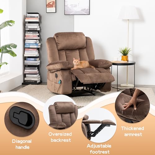 Rocker Recliner Chairs for Adults with Massage & Heat,360°Swivel Glider Nursery Manual Overstuffed Reclining Chair for Living Room,Upholstered Fabric 120°Rocking Chair Bedroom RV Brown